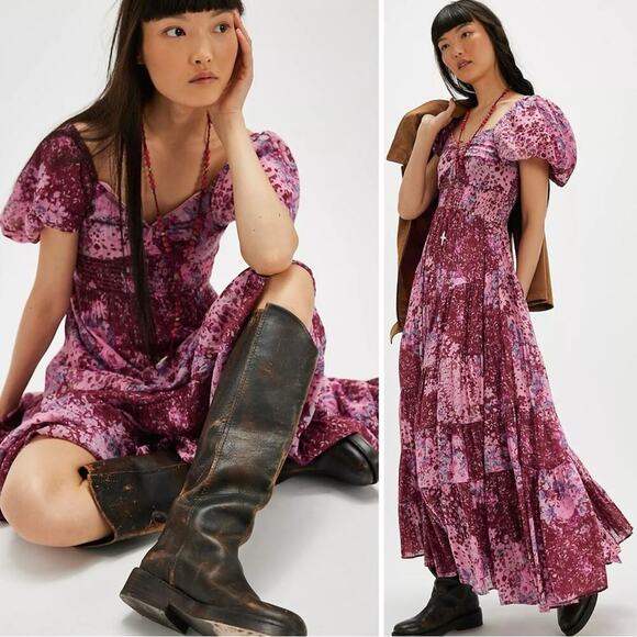 Free People Sundrenched Short Sleeve Maxi Dress Femme Rose Pink Medium NWT - Picture 2 of 12